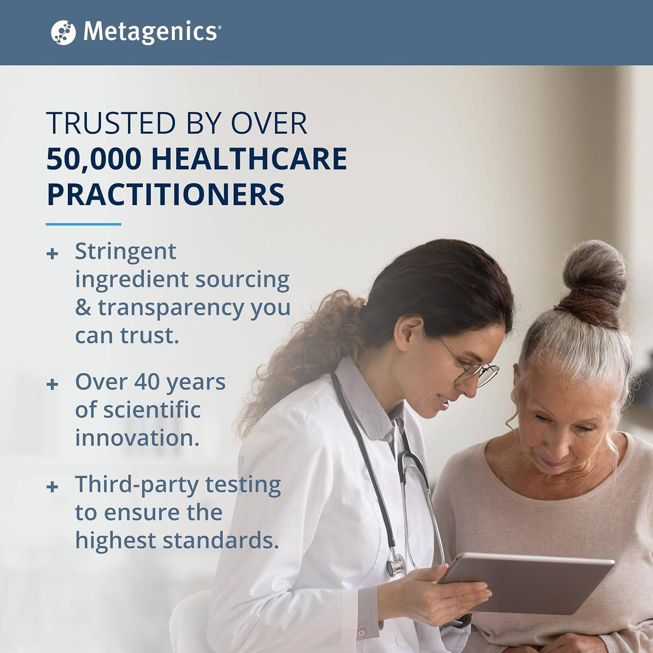 Doctor and older woman reviewing a tablet with healthcare practitioner text