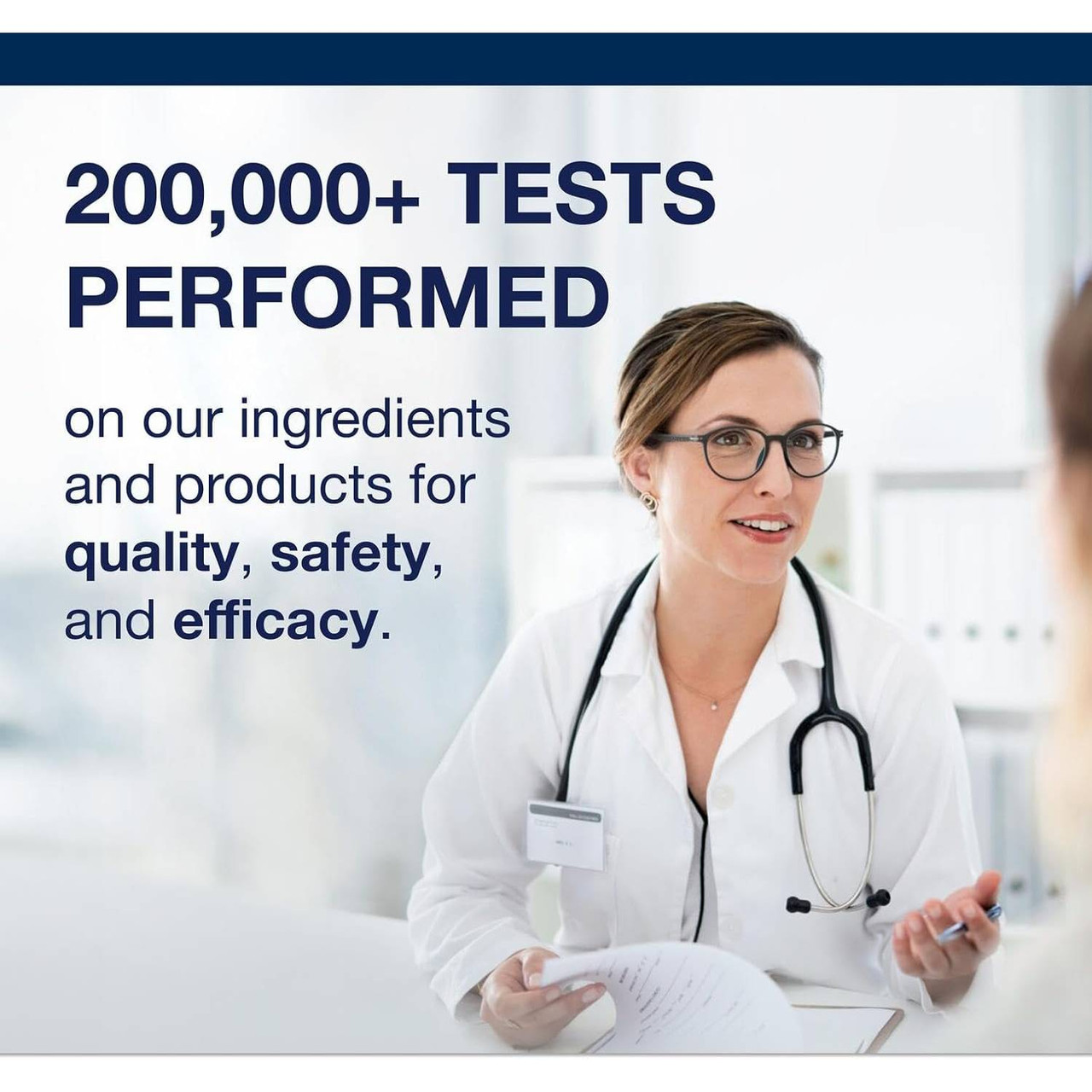 Doctor in a lab coat, 200,000+ tests performed for quality and safety text