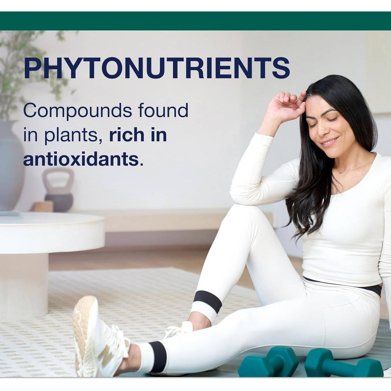 Woman resting after exercise with phytonutrients text