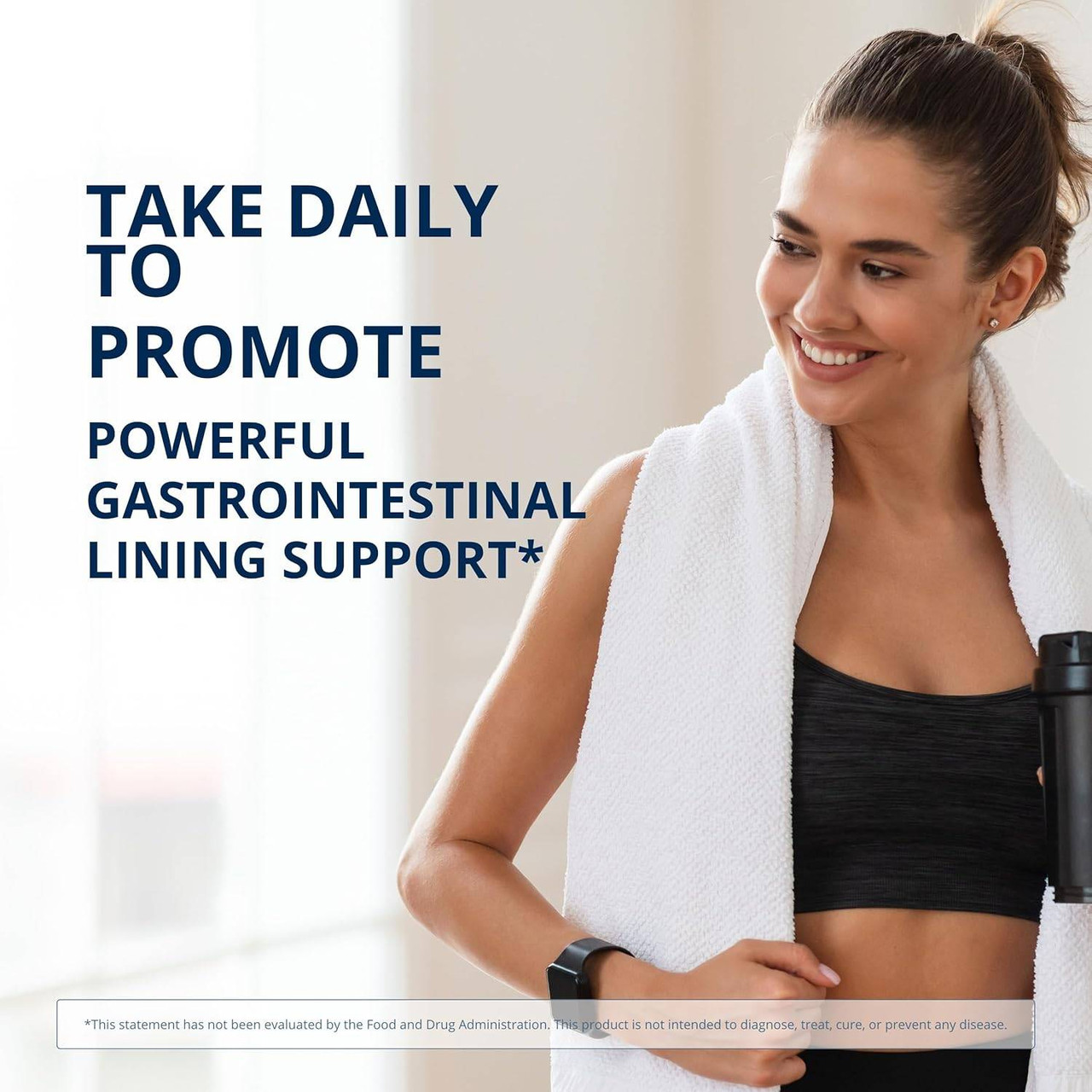 Smiling woman with a towel beside Glutagenics daily use text