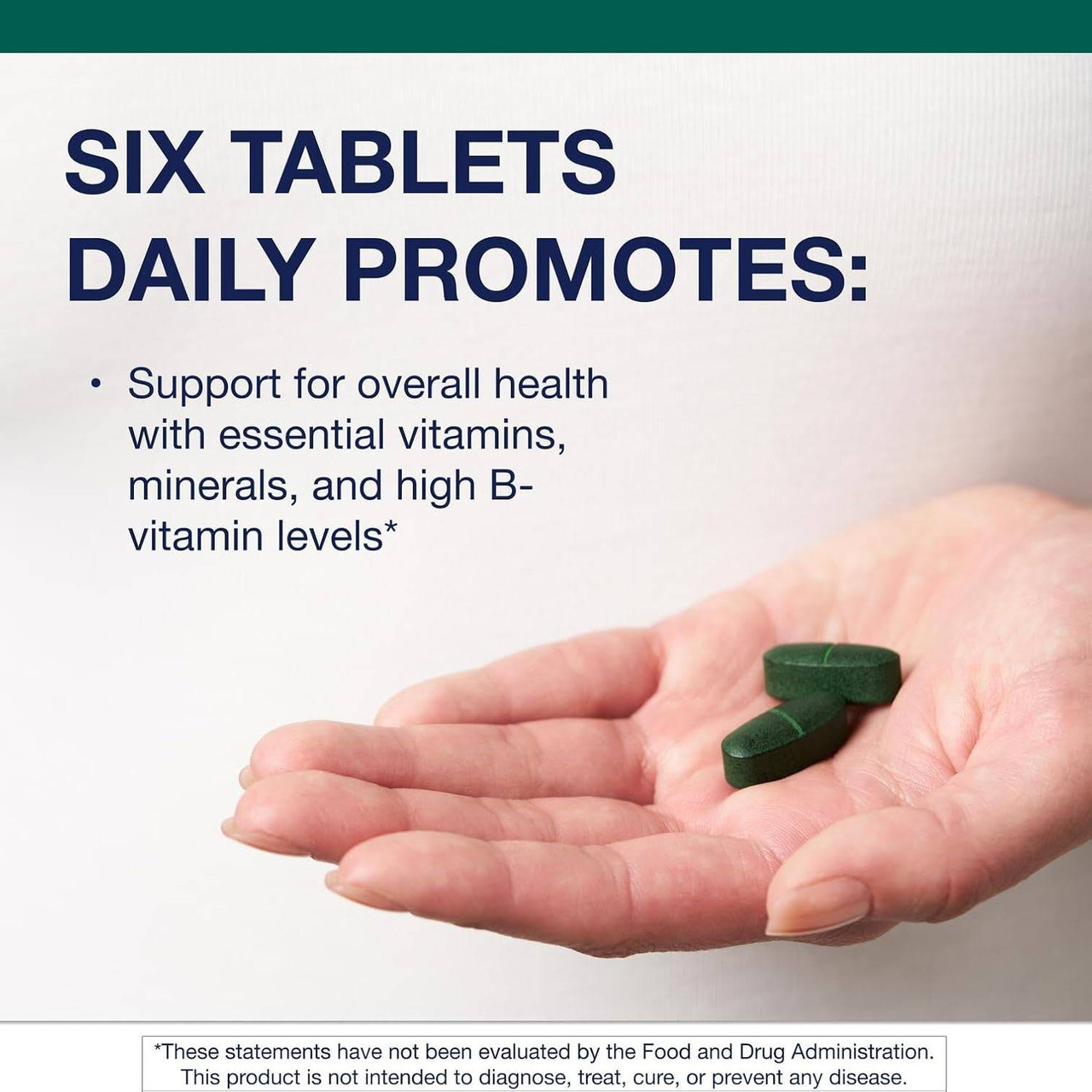 Hand holding green tablets, six tablets daily graphic