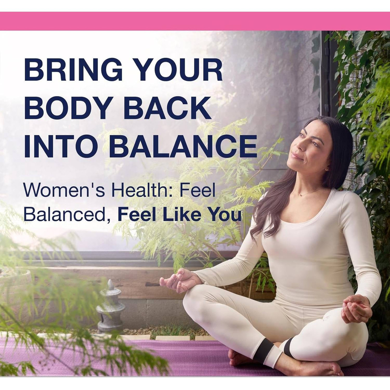 Woman meditating with women's health text