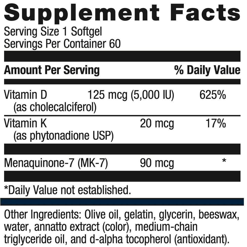 Supplement facts panel for D3 5000 + K