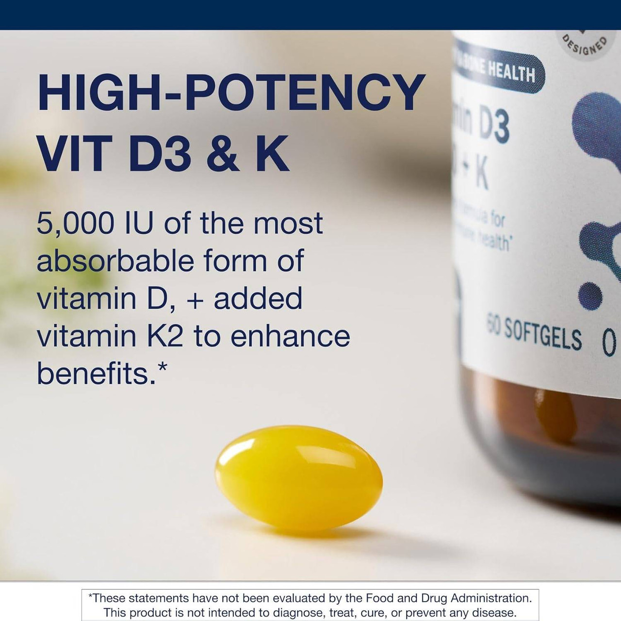 Yellow softgel beside high-potency vitamin D3 and K text