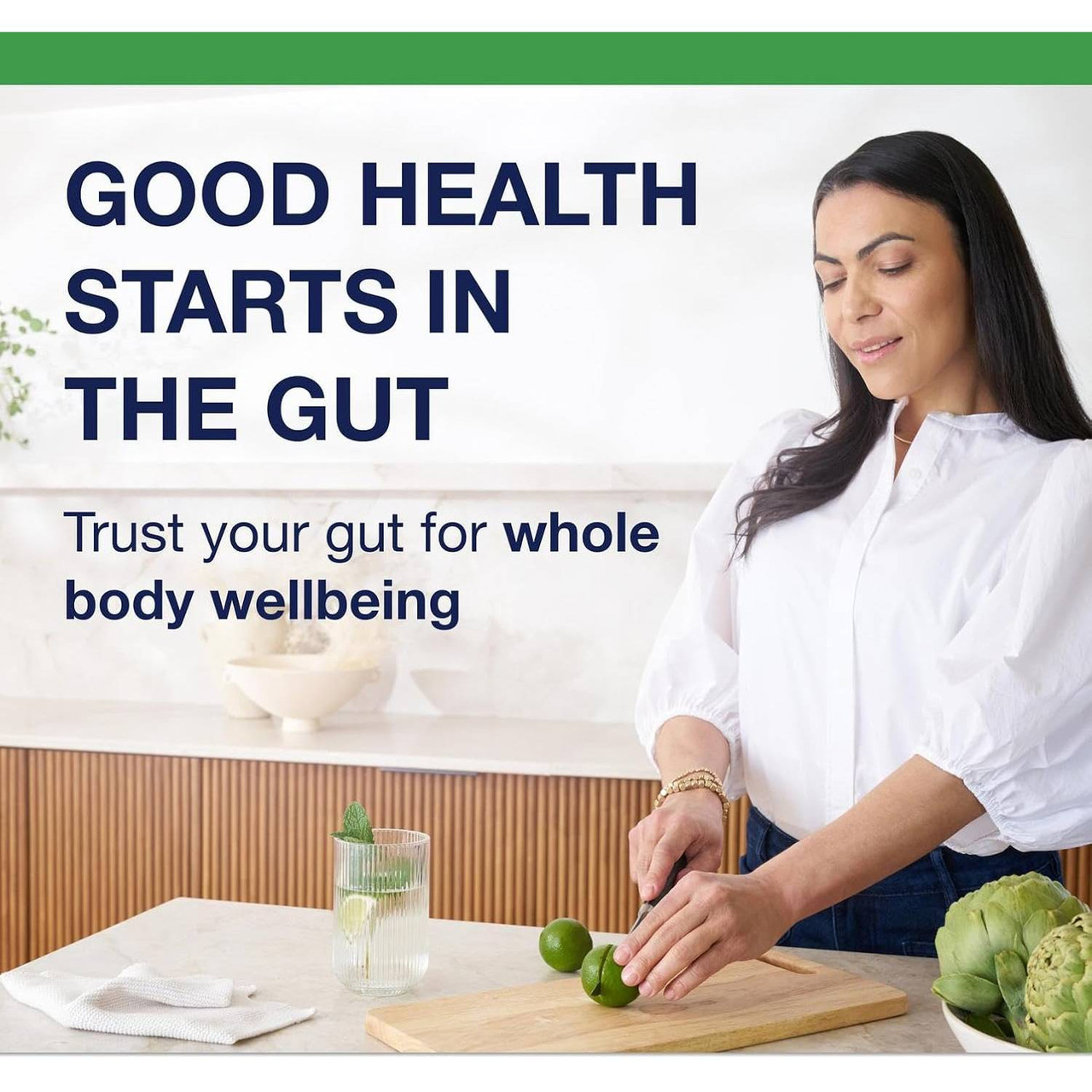 Woman preparing food in a kitchen with gut health text