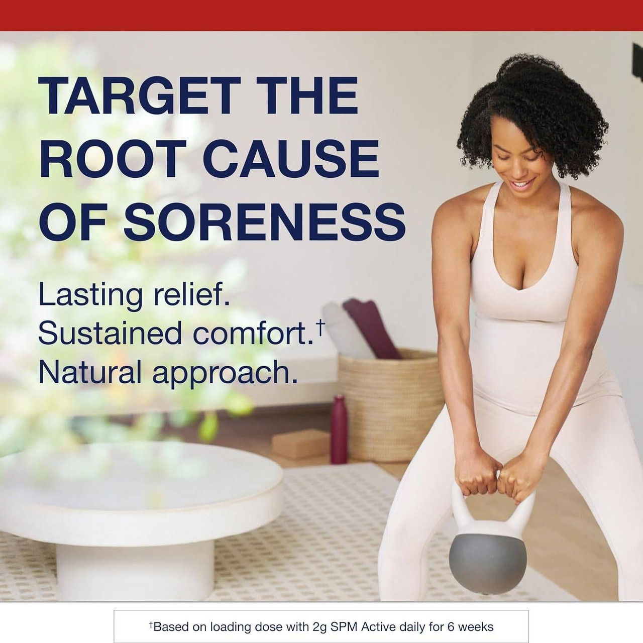Woman lifting a kettlebell, target the root cause of soreness text