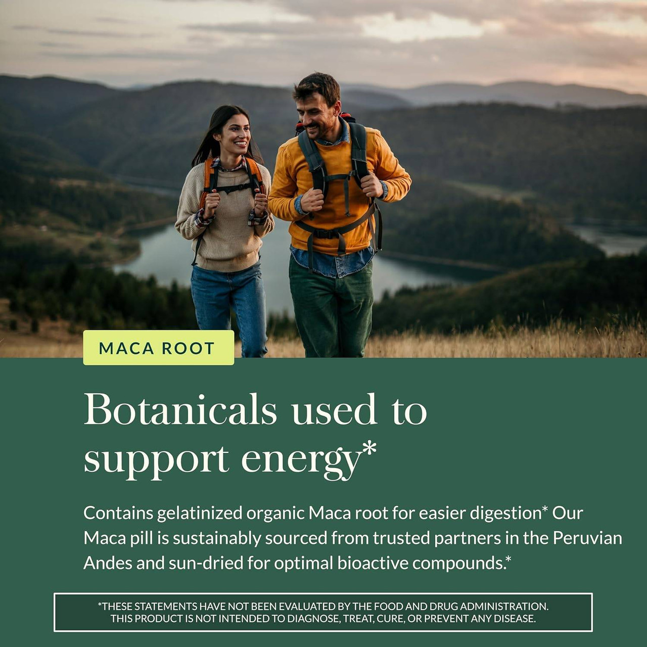 Couple hiking by a lake, maca root botanicals used to support energy graphic