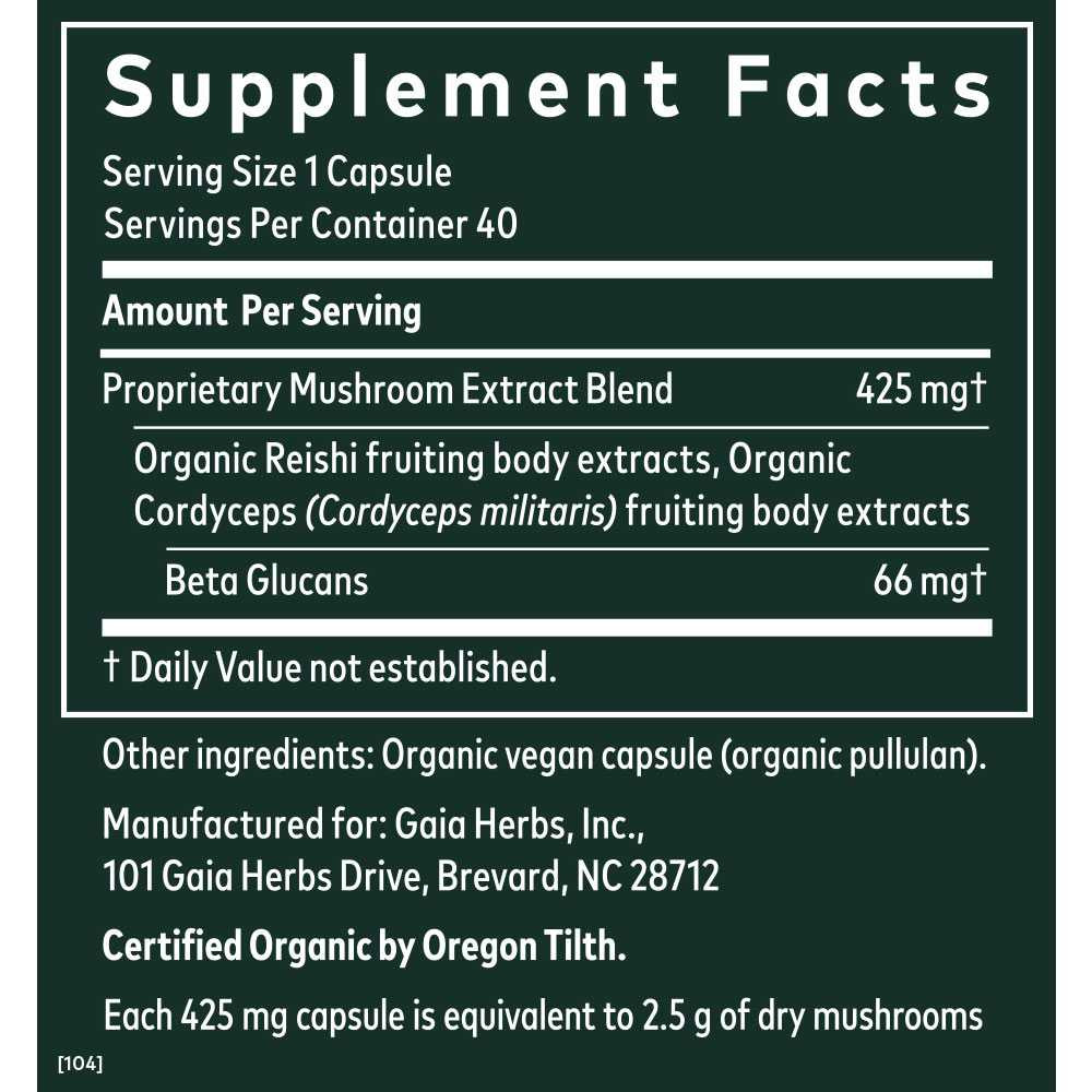 Respiratory Mushroom Blend supplement facts, 425 mg organic reishi and cordyceps fruiting body extracts