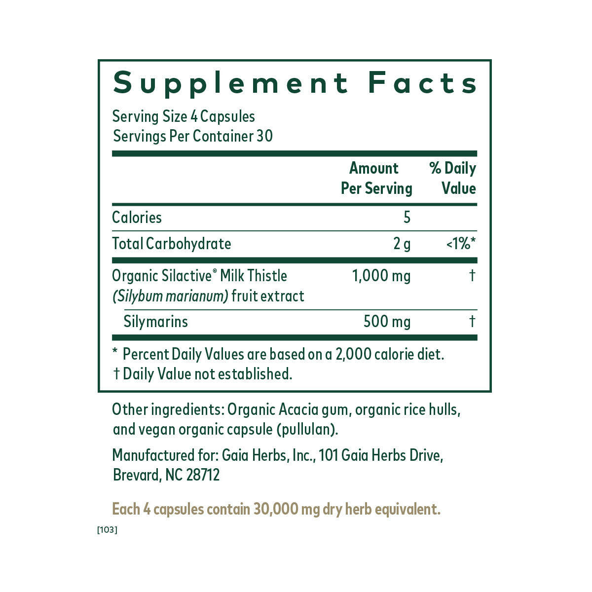 Gaia Herbs PRO Milk Thistle 1000 supplement facts panel