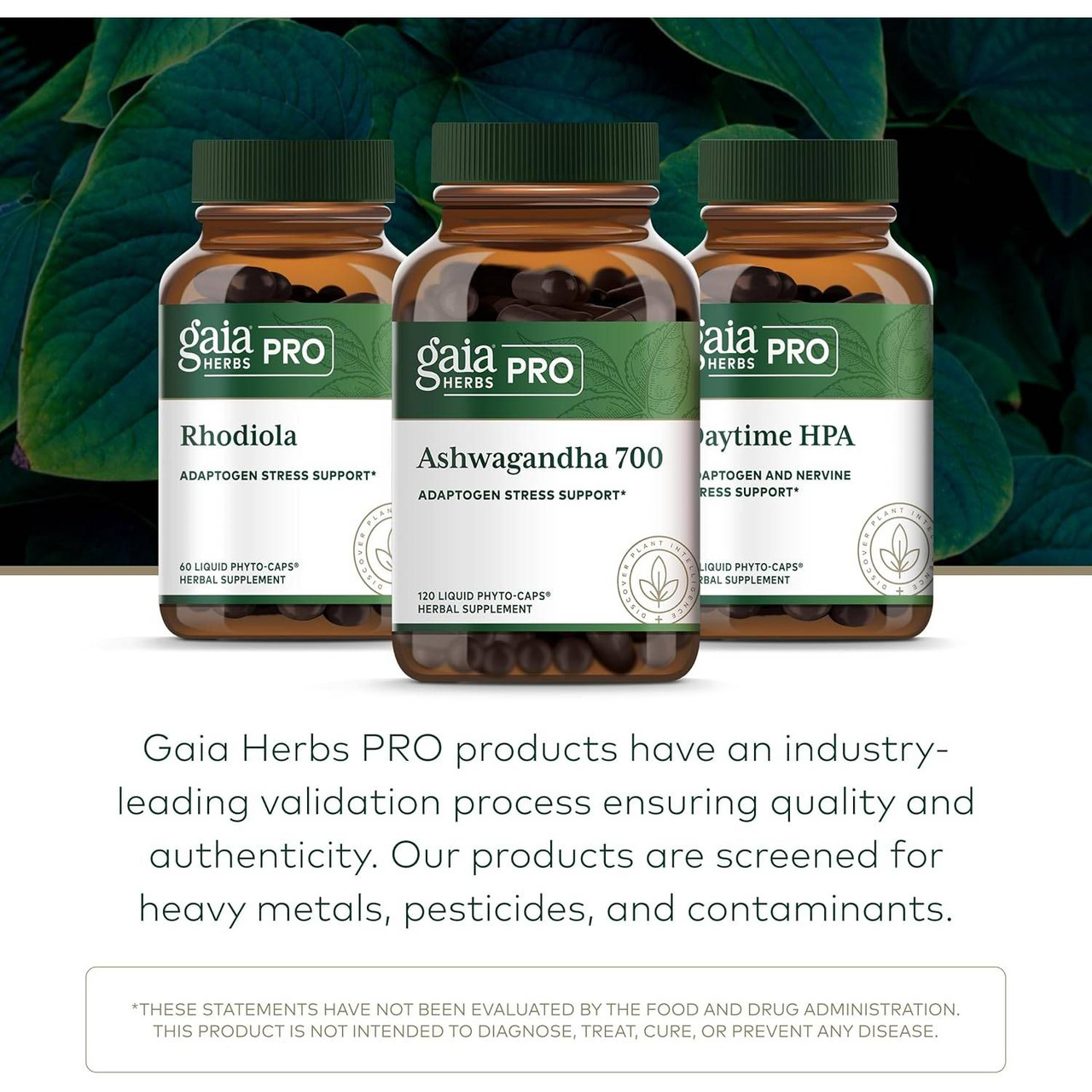 Three Gaia Herbs PRO amber bottles in front of large green leaves