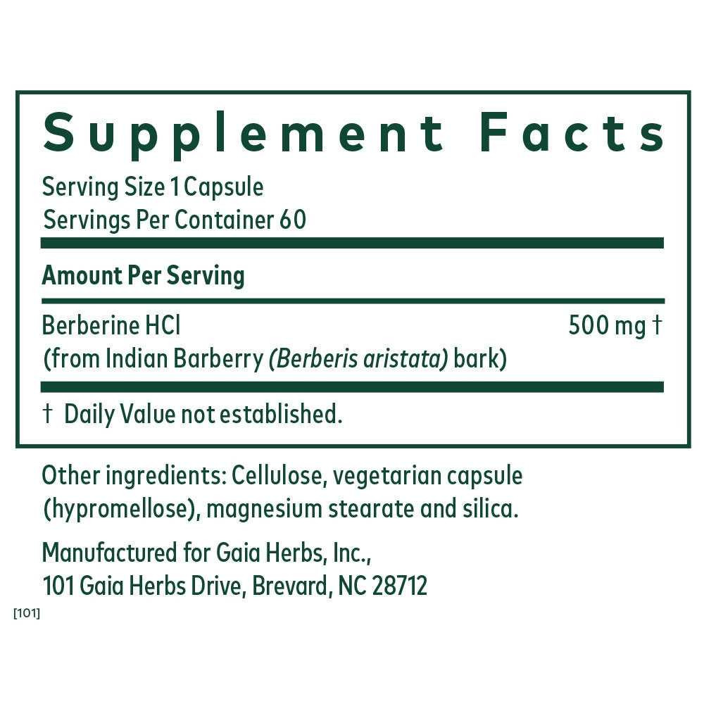 Berberine Metabolic supplement facts panel, 1 capsule serving, 60 servings