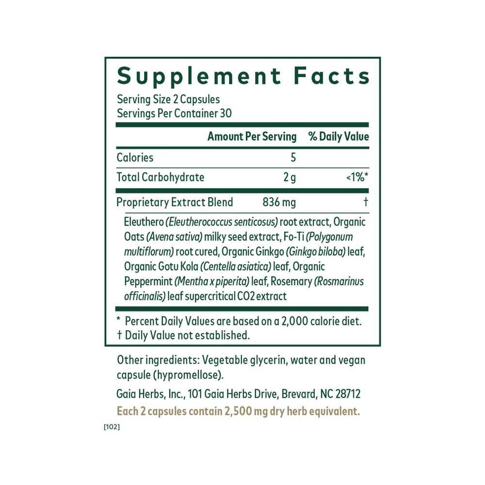 Cognitive Formula supplement facts with eleuthero, ginkgo and gotu kola blend