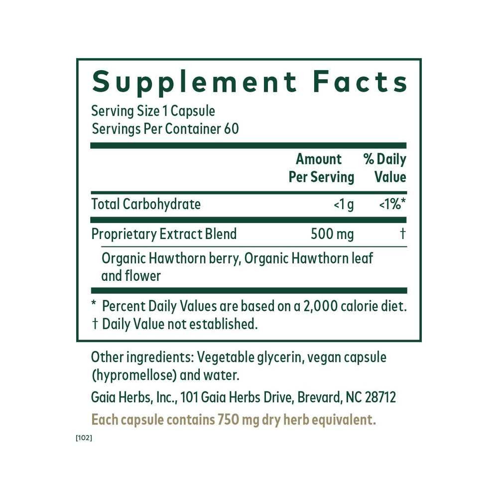 Hawthorn supplement facts with organic hawthorn berry and leaf extract