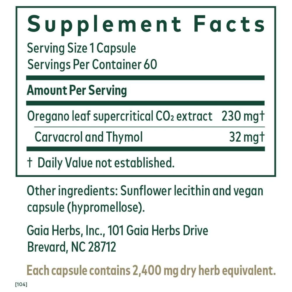 Oil of Oregano supplement facts panel, 1 capsule serving
