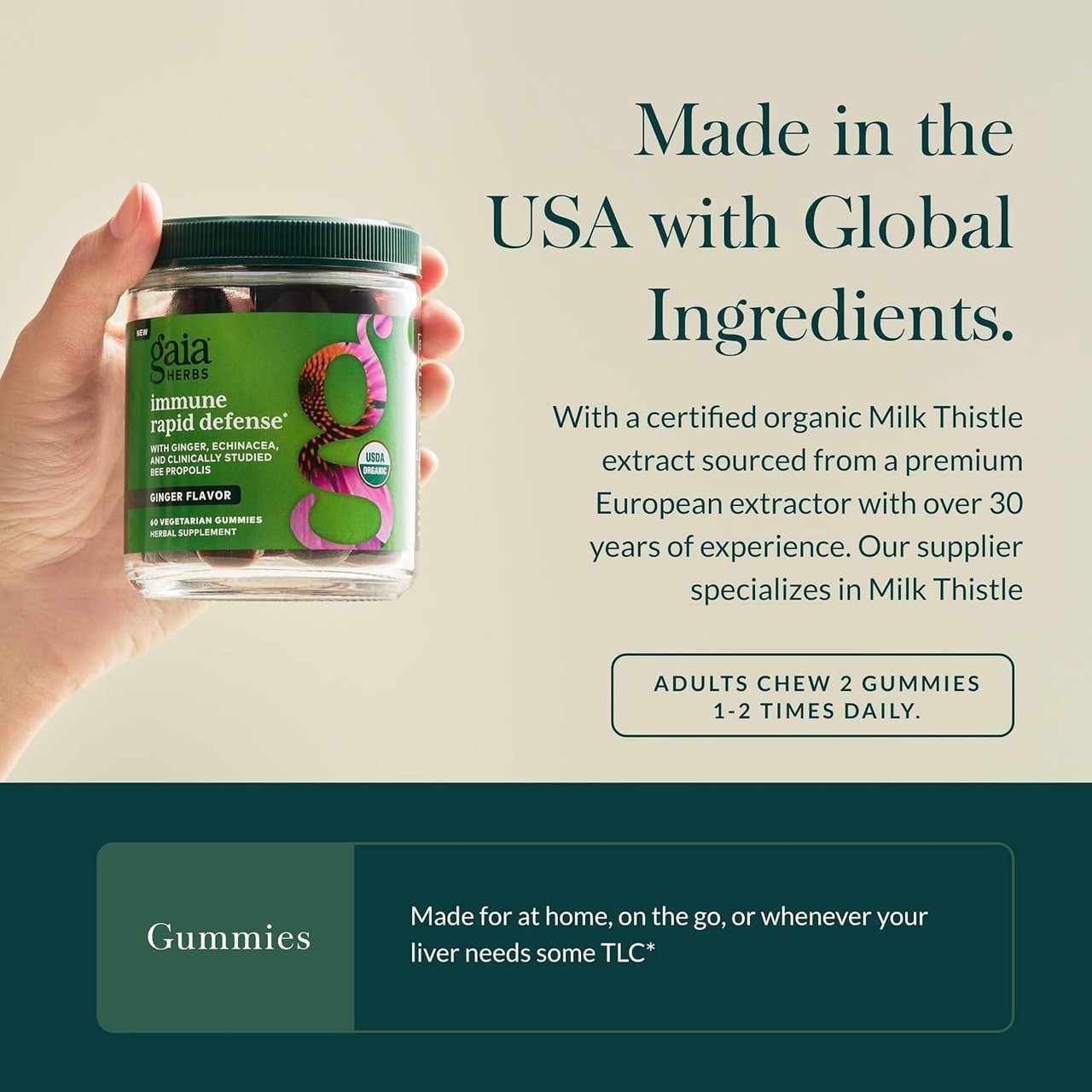 Hand holding Milk Thistle gummies, made in USA global ingredients graphic