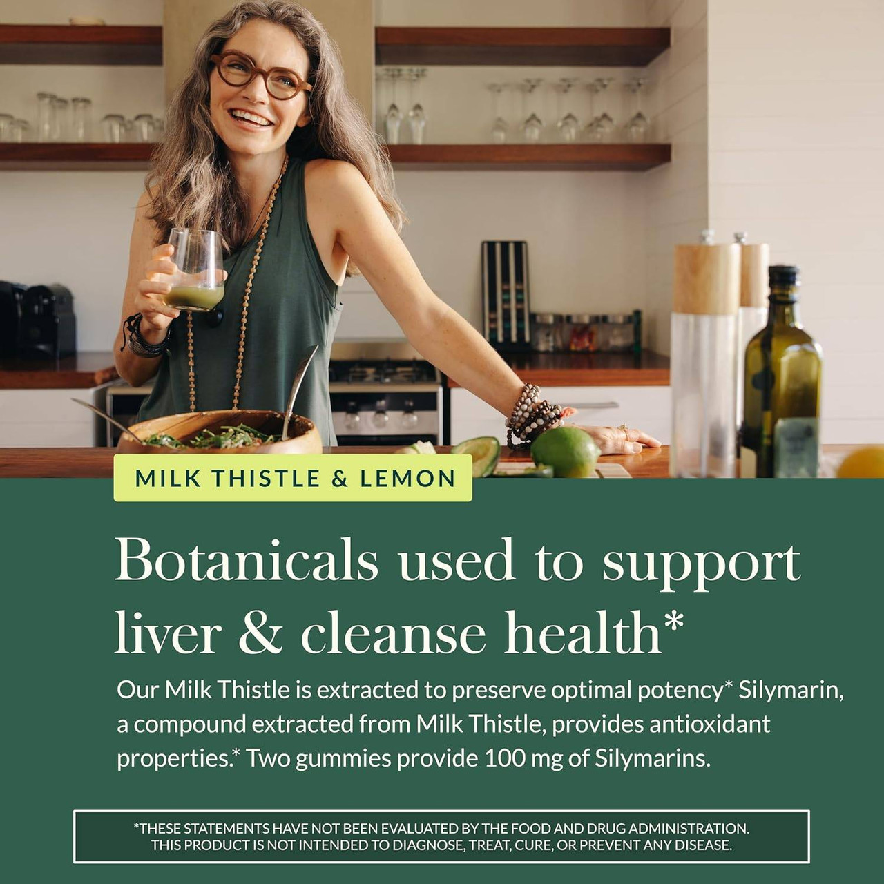 Woman in kitchen, Milk Thistle gummies liver cleanse botanicals graphic