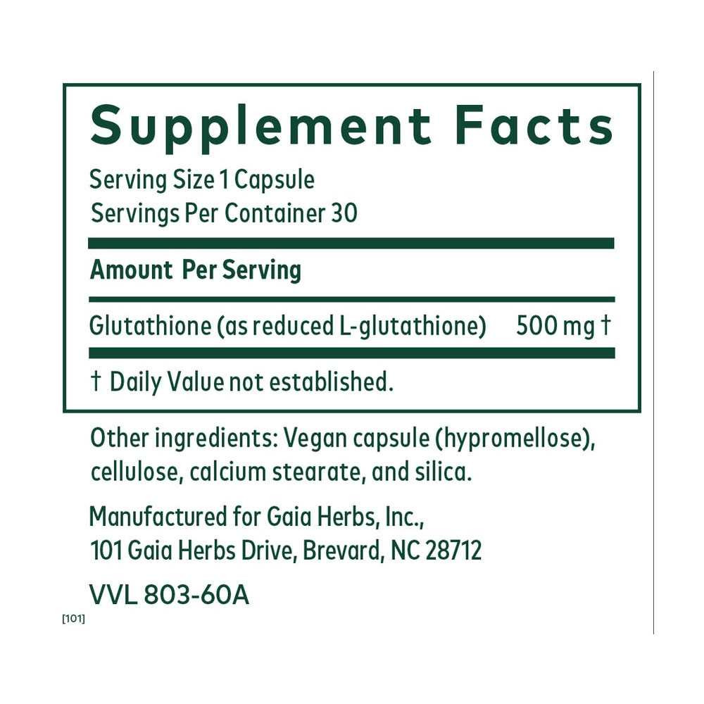 Glutathione 500 Supplement Facts reduced L-glutathione 500 mg panel