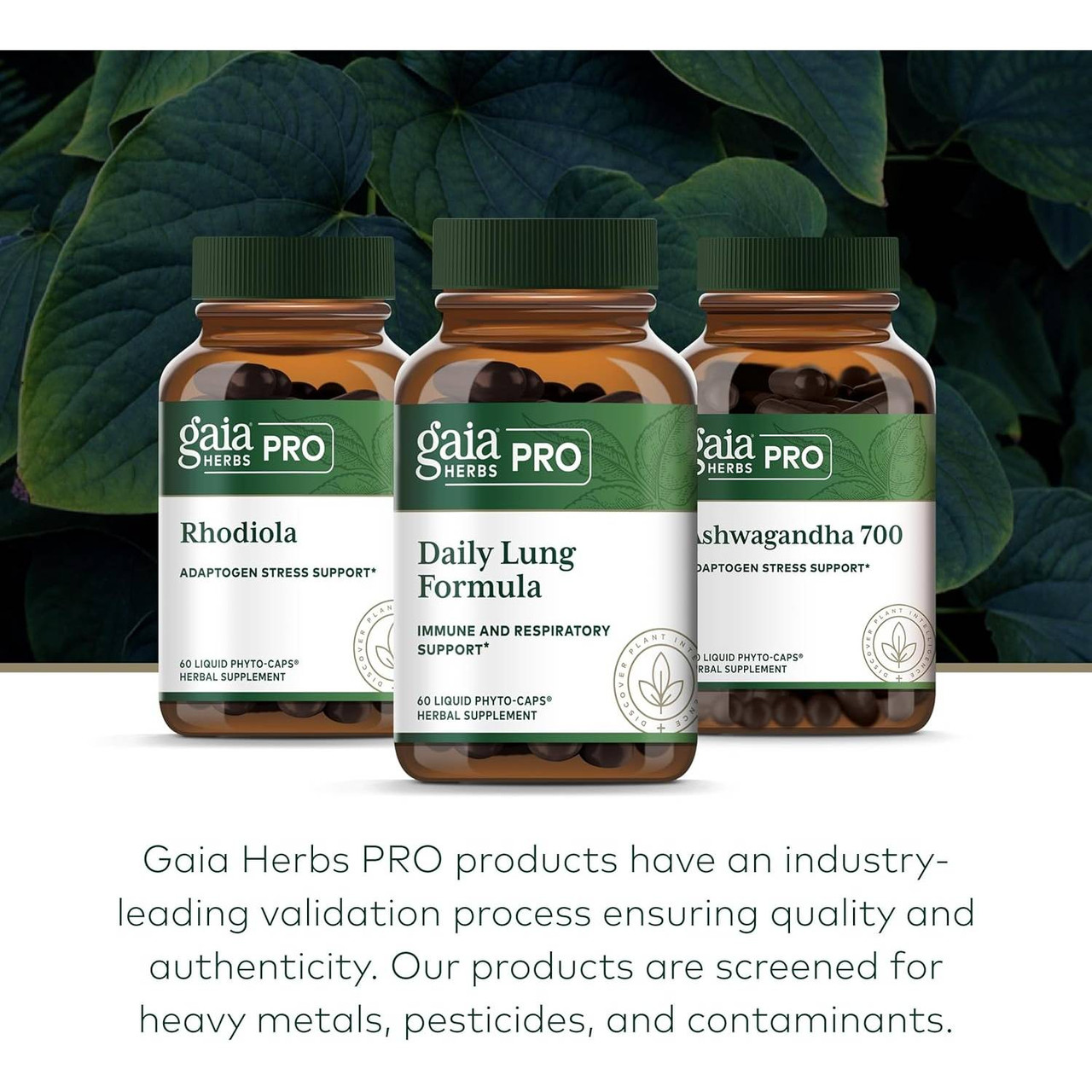 Three Gaia Herbs PRO bottles, validation process screened for heavy metals graphic