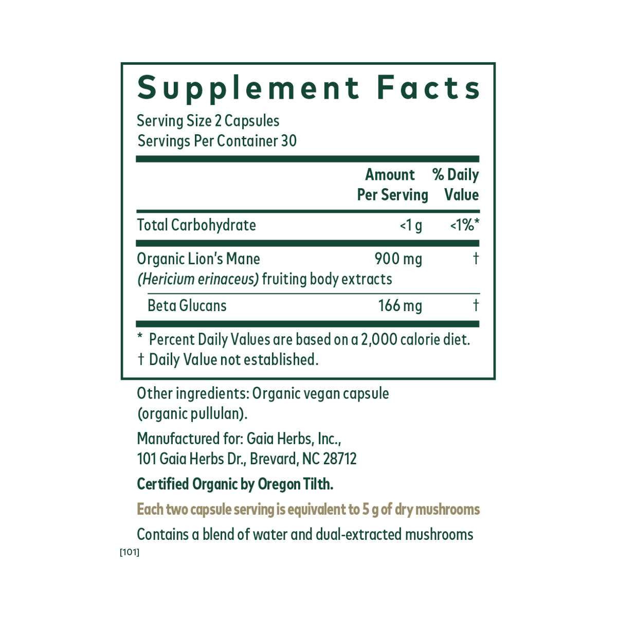 Lion's Mane Mushroom supplement facts, 2 capsule serving