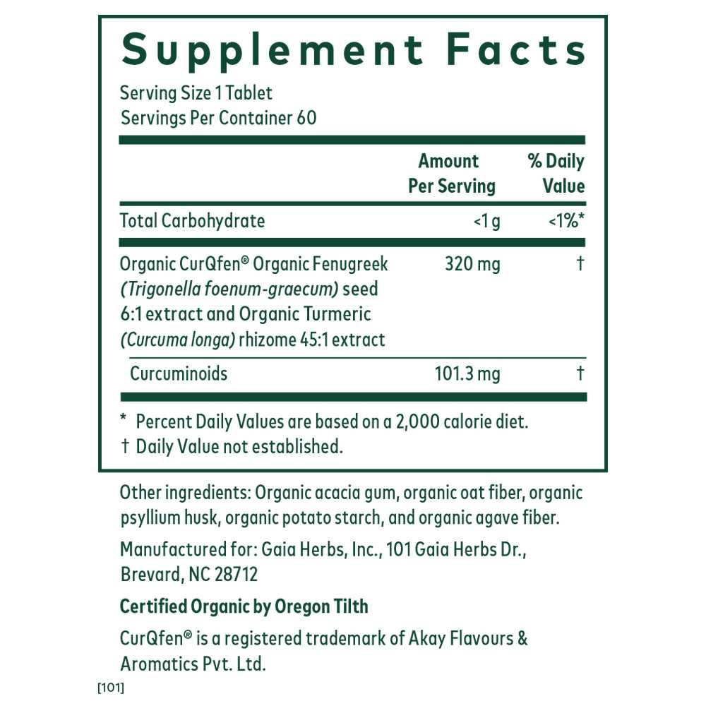 Turmeric Fenugreek Complex 60 tablet supplement facts panel