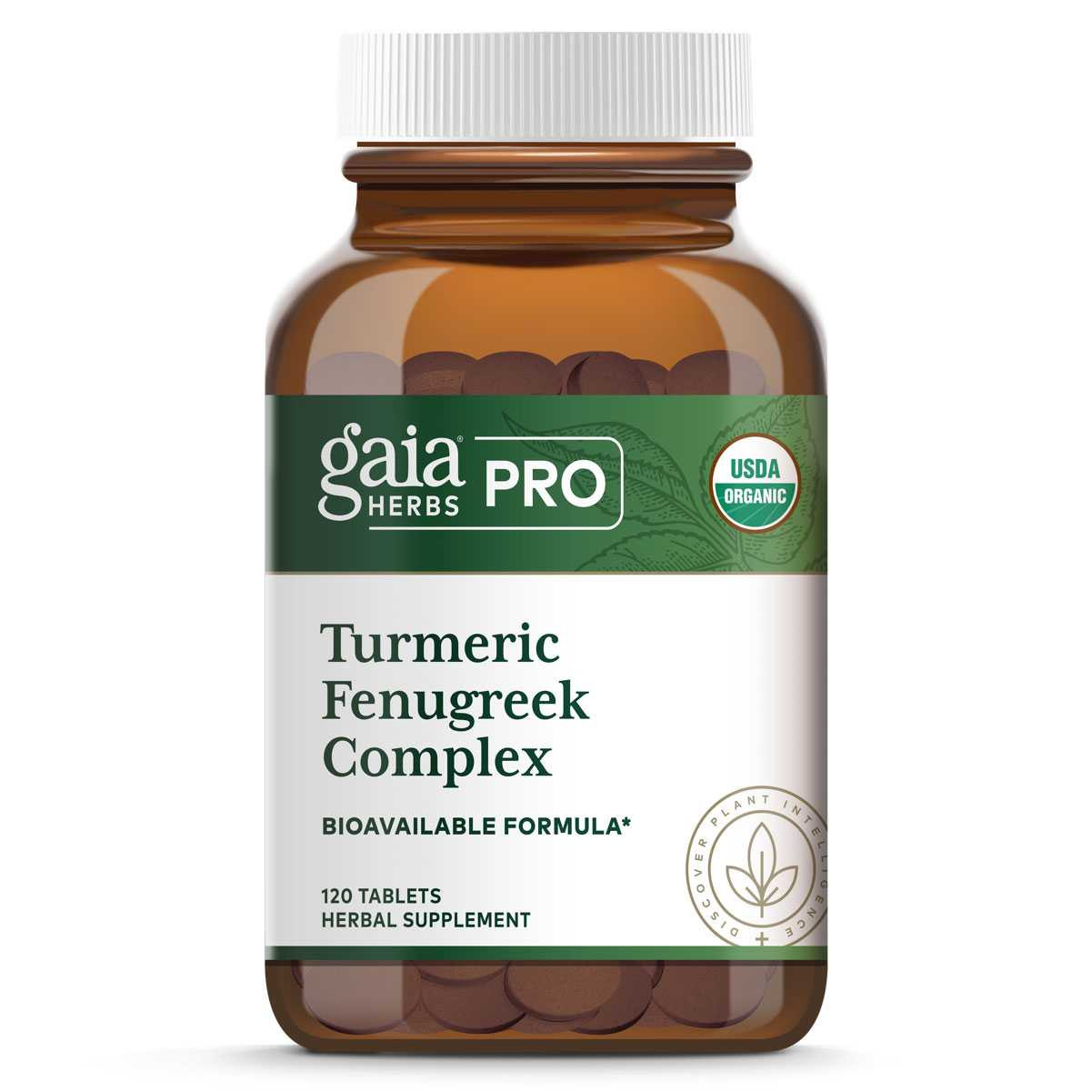 Gaia Herbs PRO Turmeric Fenugreek Complex 120 tablet amber bottle