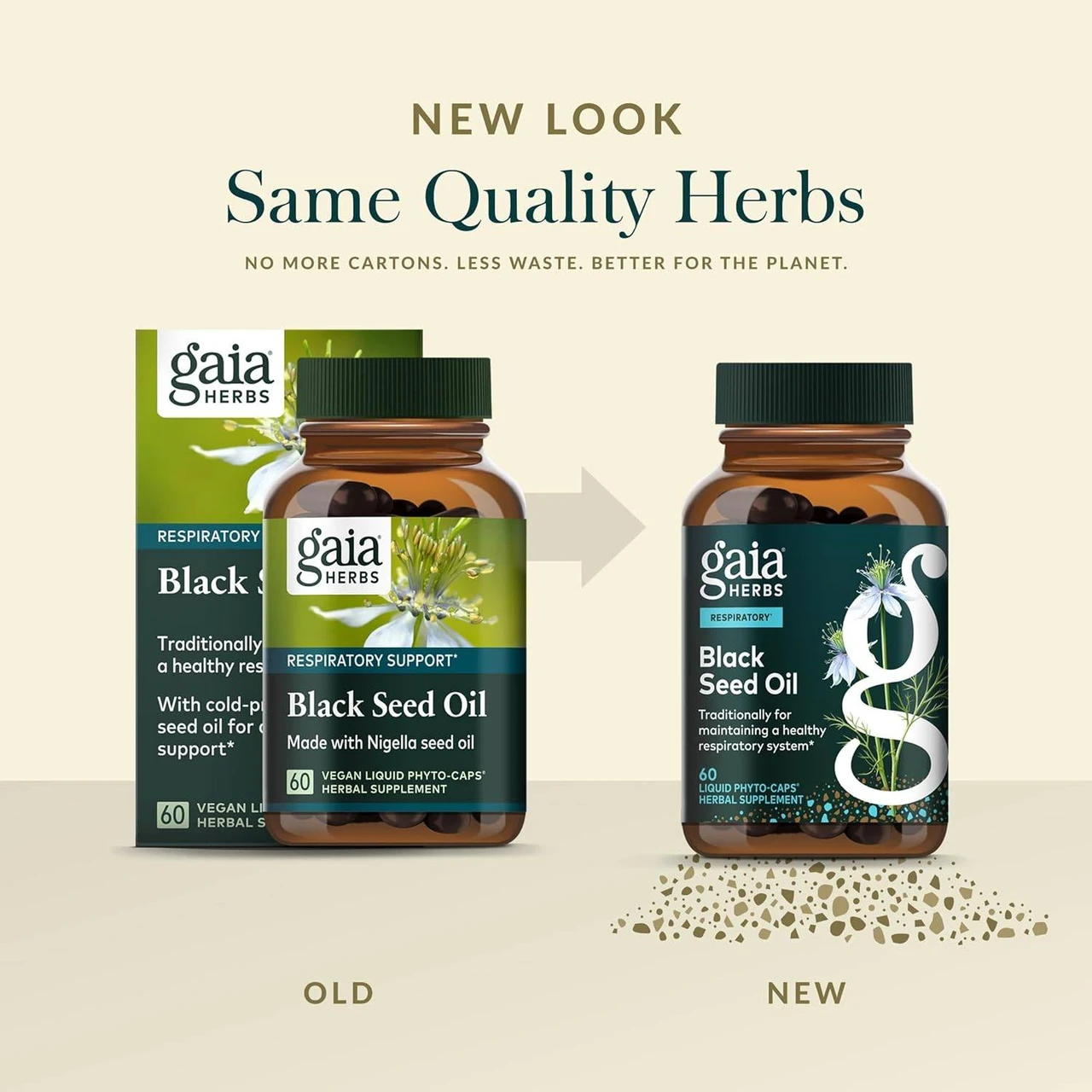 Old and new Gaia Herbs Black Seed Oil packaging, same quality herbs