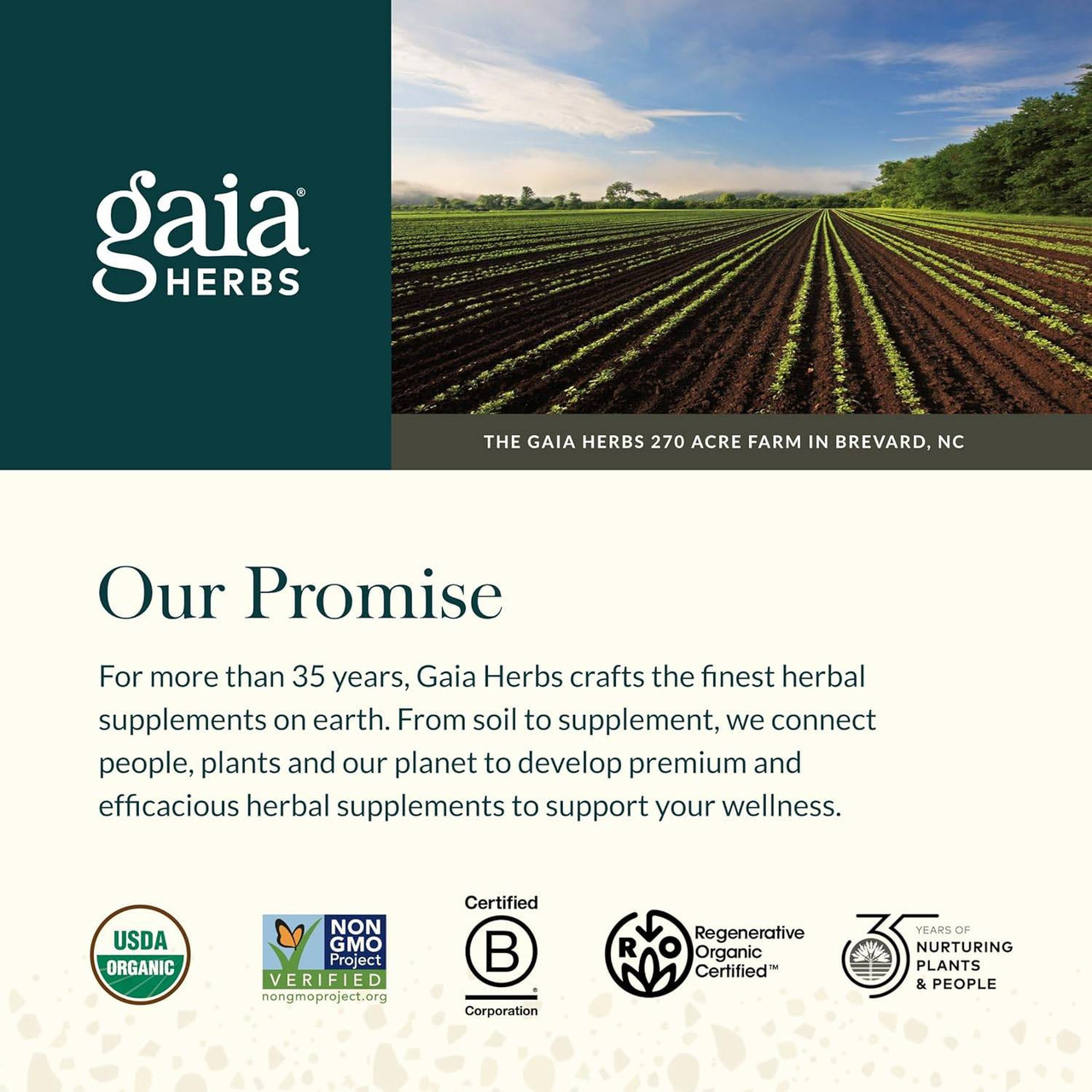 Gaia Herbs farm in Brevard, North Carolina, Our Promise graphic with certification logos
