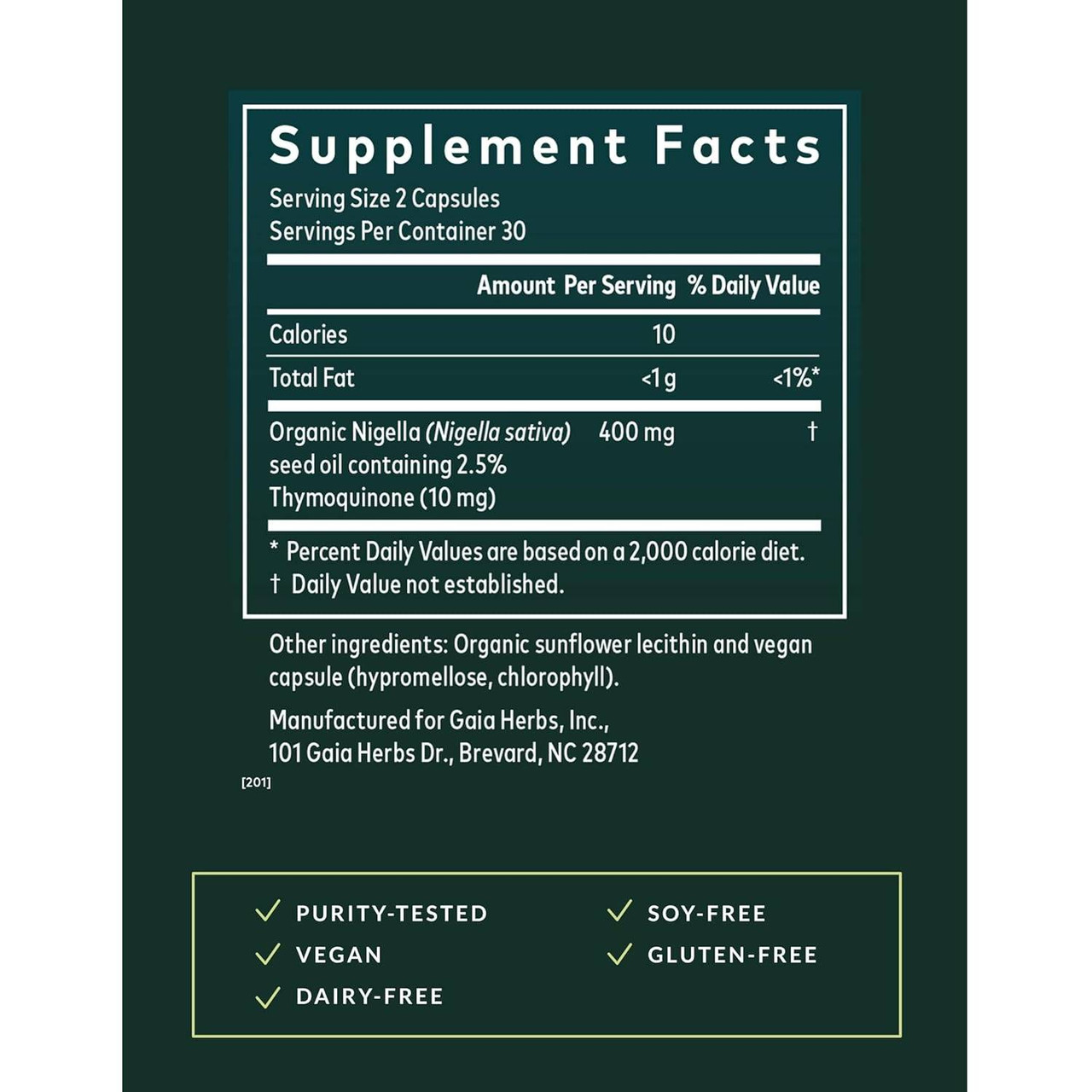 Black Seed Oil supplement facts, 400 mg Nigella sativa seed oil per serving