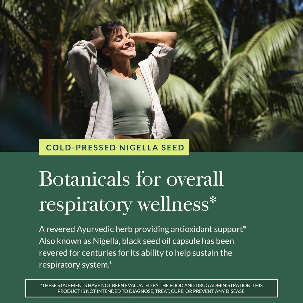 Woman in a tropical forest, cold-pressed nigella seed botanicals graphic