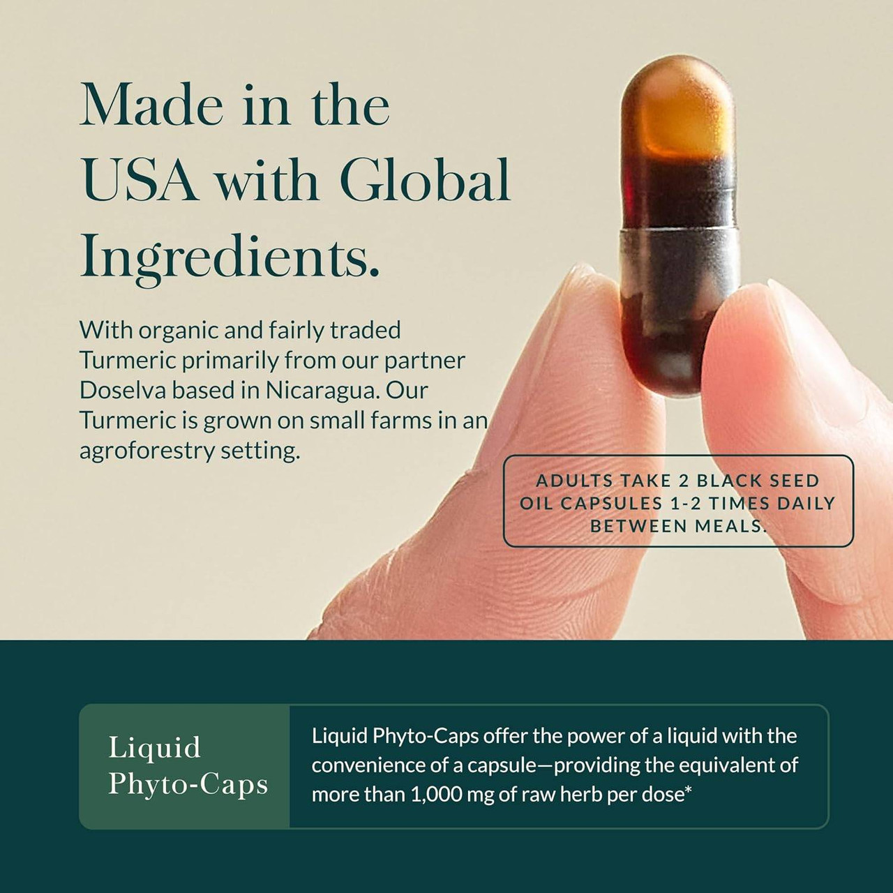 Fingers holding a liquid phyto-cap, made in the USA with global ingredients graphic