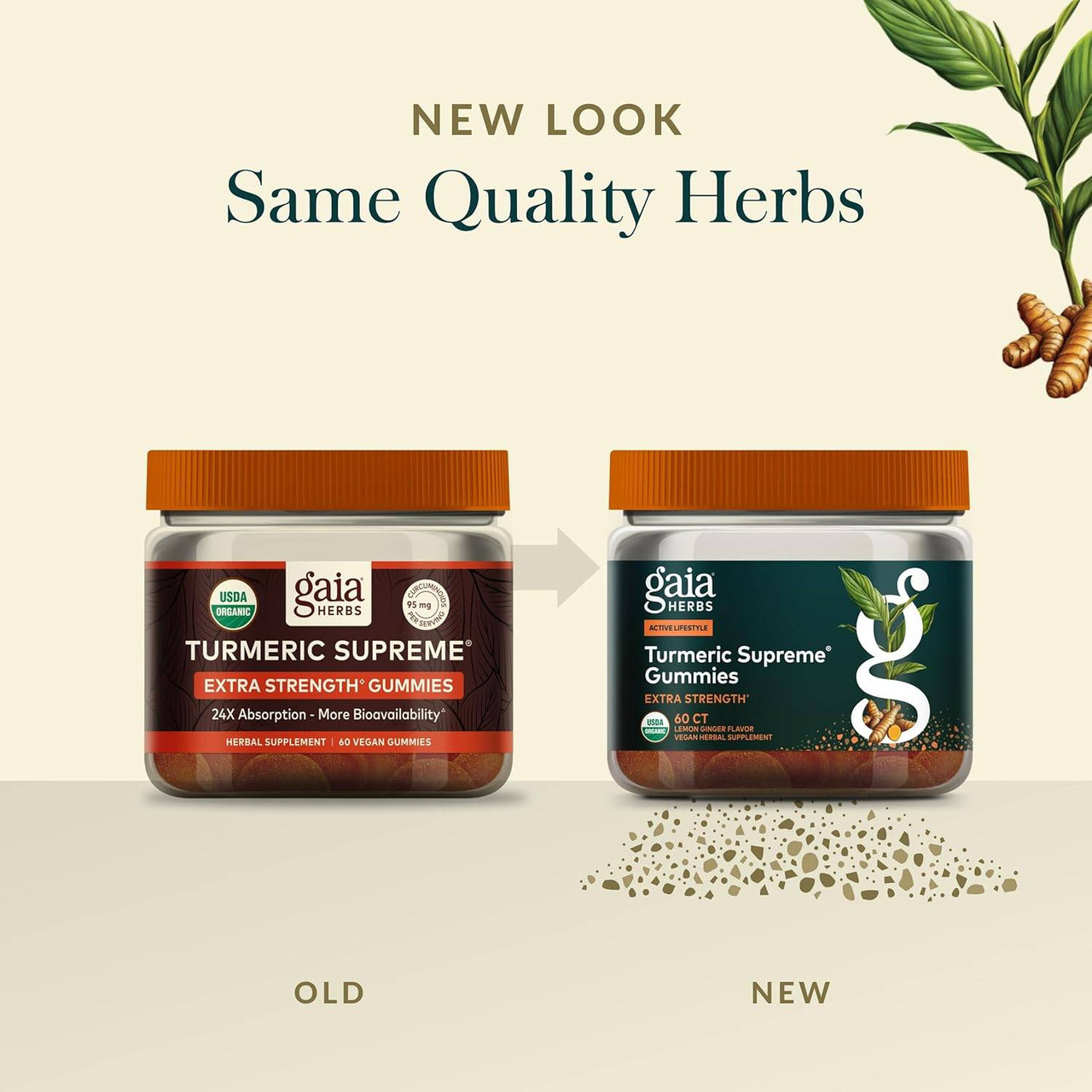 Old and new Turmeric Supreme Gummies jars, new look same quality herbs