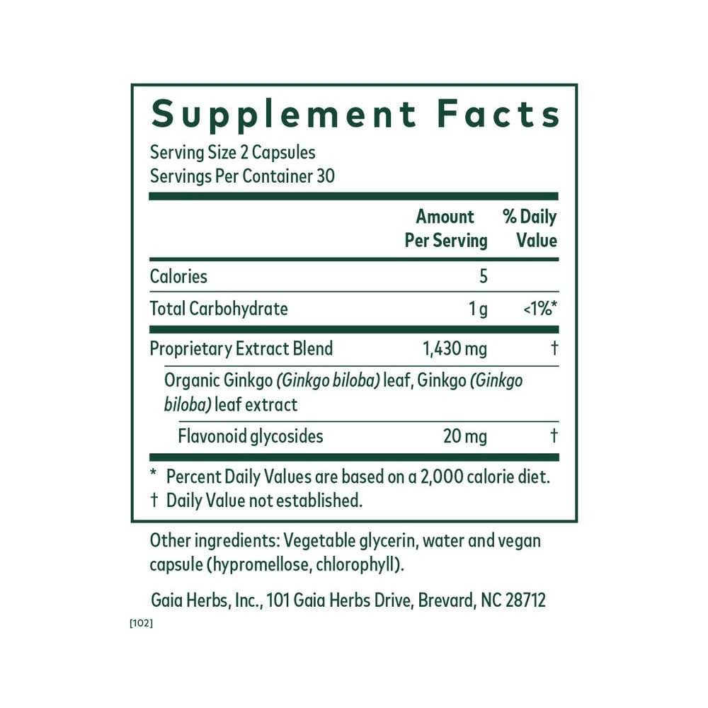 Ginkgo supplement facts, 2 capsule serving