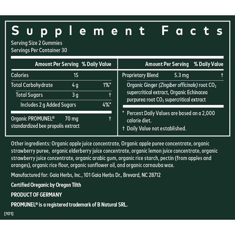 Immune Rapid Defense gummies supplement facts with organic ginger, echinacea and bee propolis
