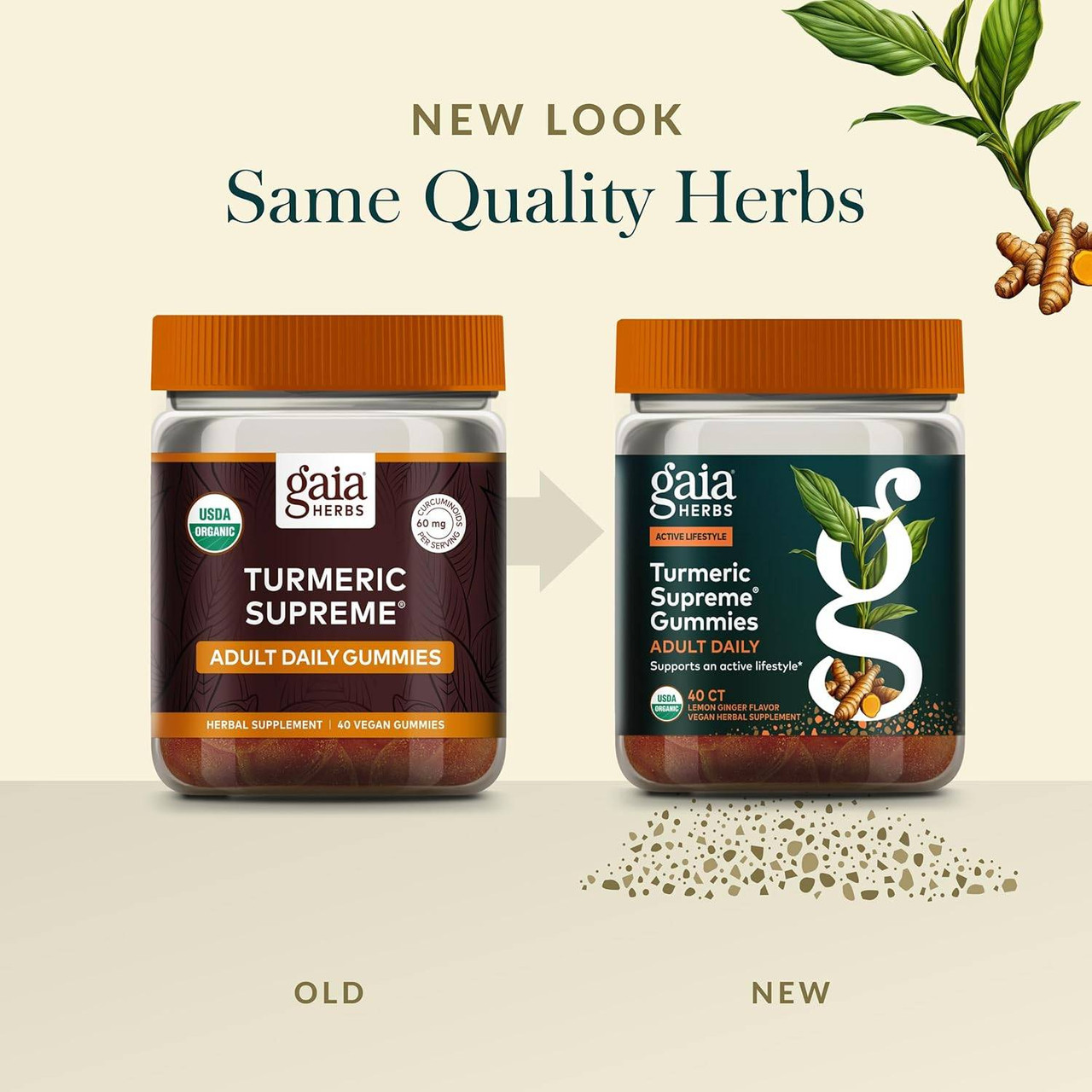 New look same quality herbs, old and new Turmeric Supreme gummies jar packaging comparison