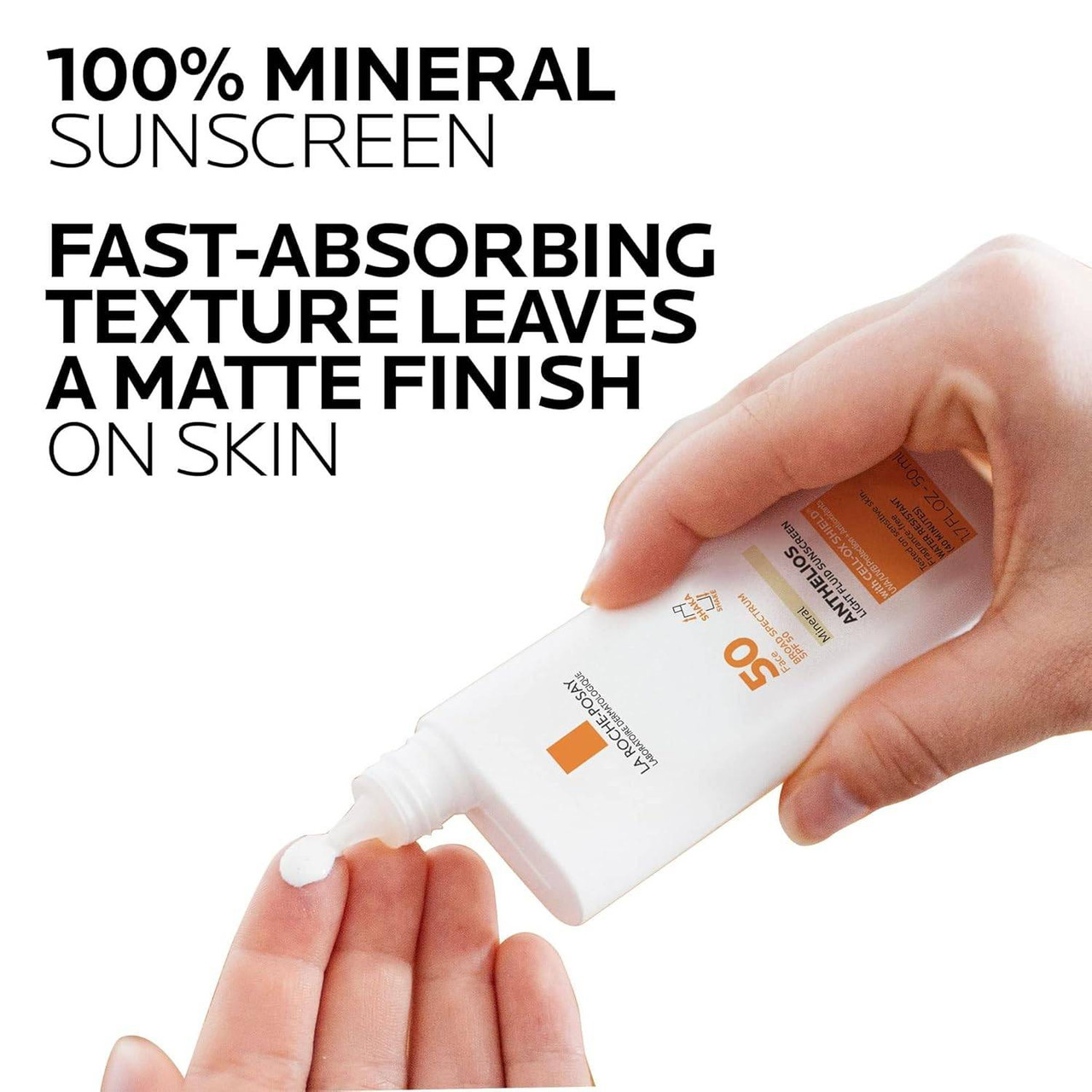 Hand squeezing Anthelios Mineral sunscreen with fast-absorbing matte finish headline