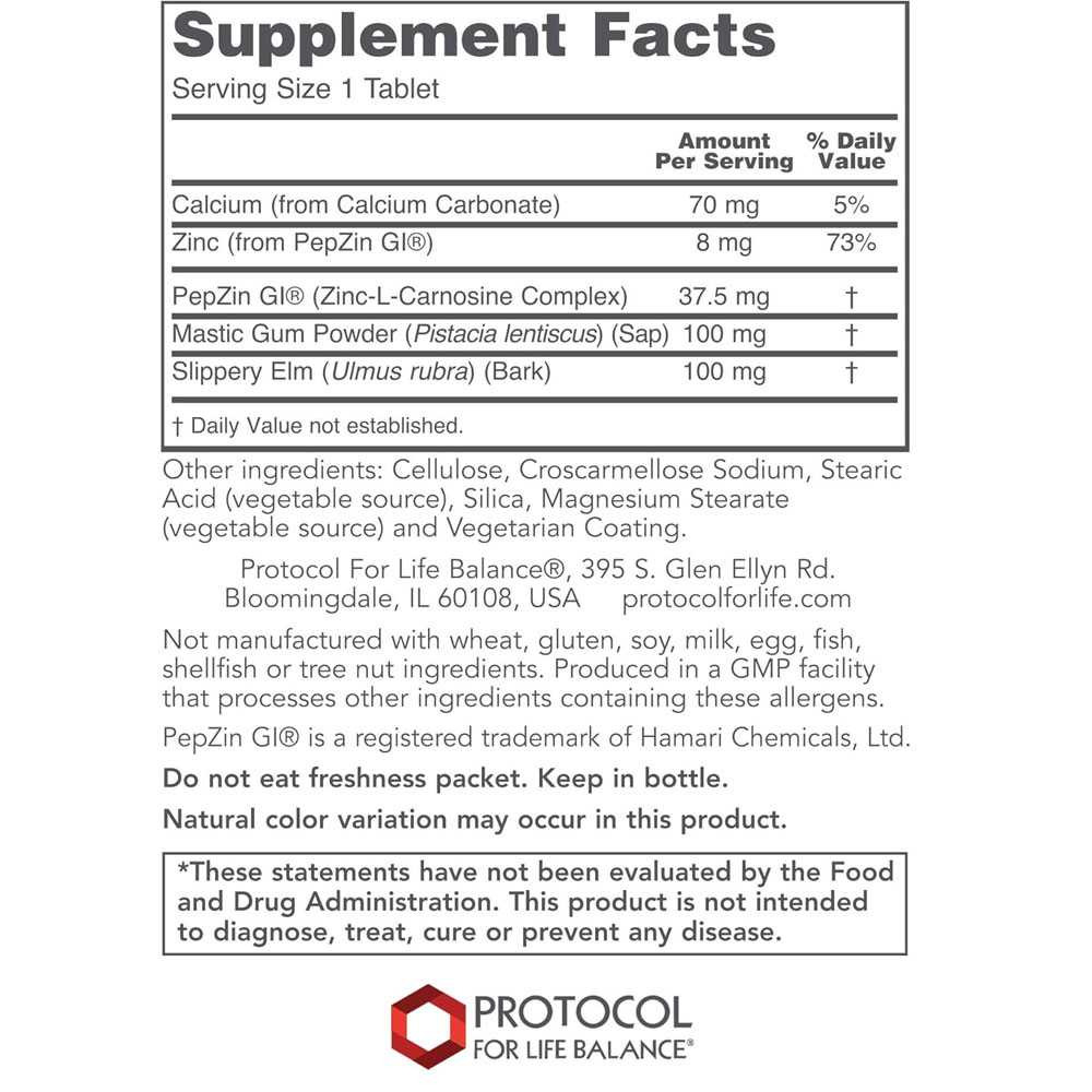 GI Guard AM supplement facts with zinc carnosine, mastic gum and slippery elm per tablet