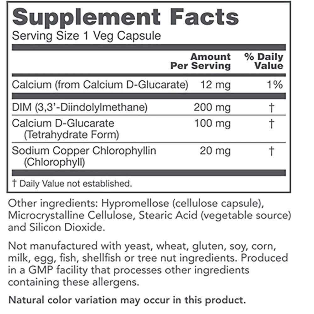 DIM 200 plus CDG supplement facts panel, 1 veg capsule serving