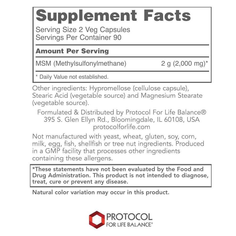 MSM supplement facts, 2 veg capsule serving with 2,000 mg methylsulfonylmethane
