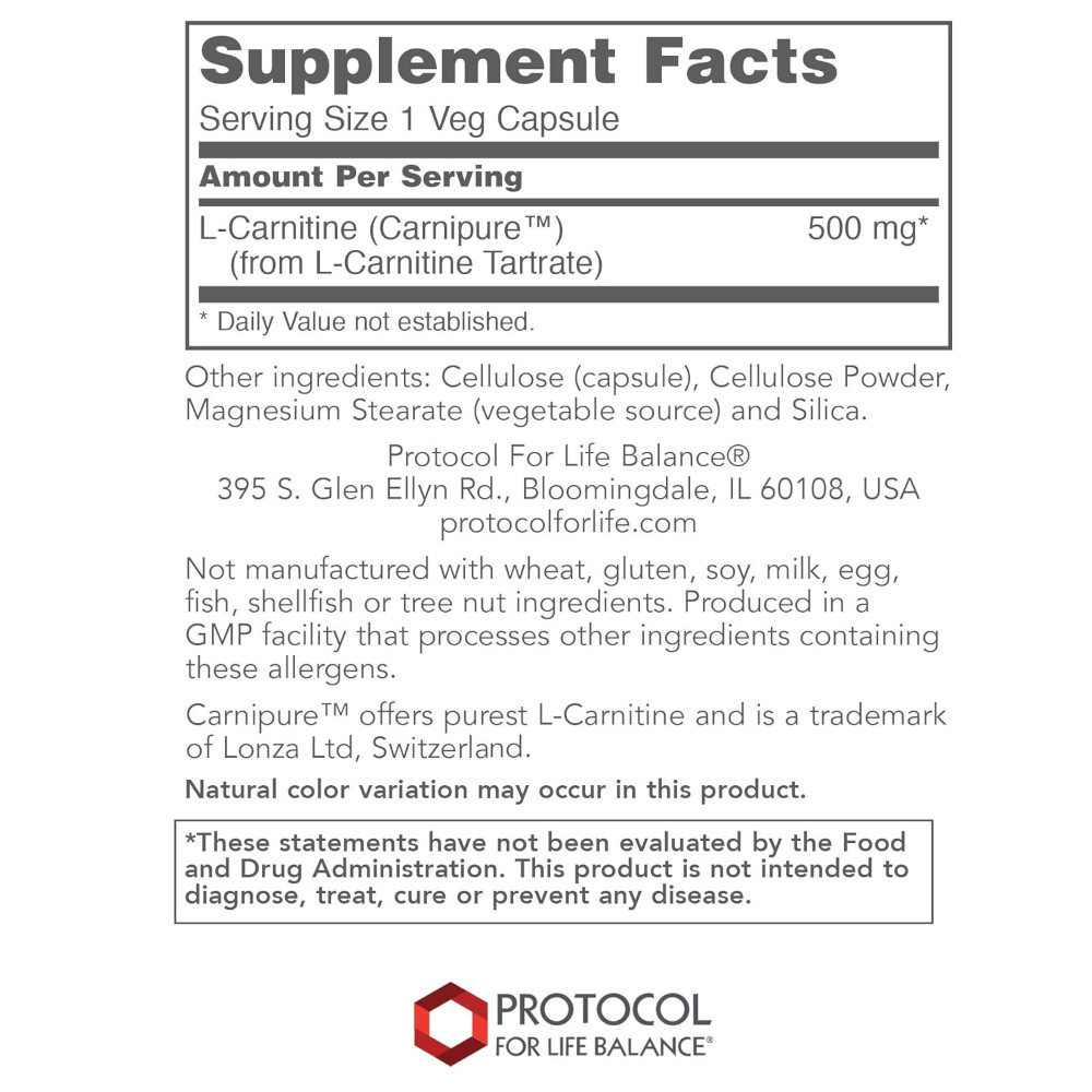 L-Carnitine supplement facts, 500 mg Carnipure L-carnitine per capsule