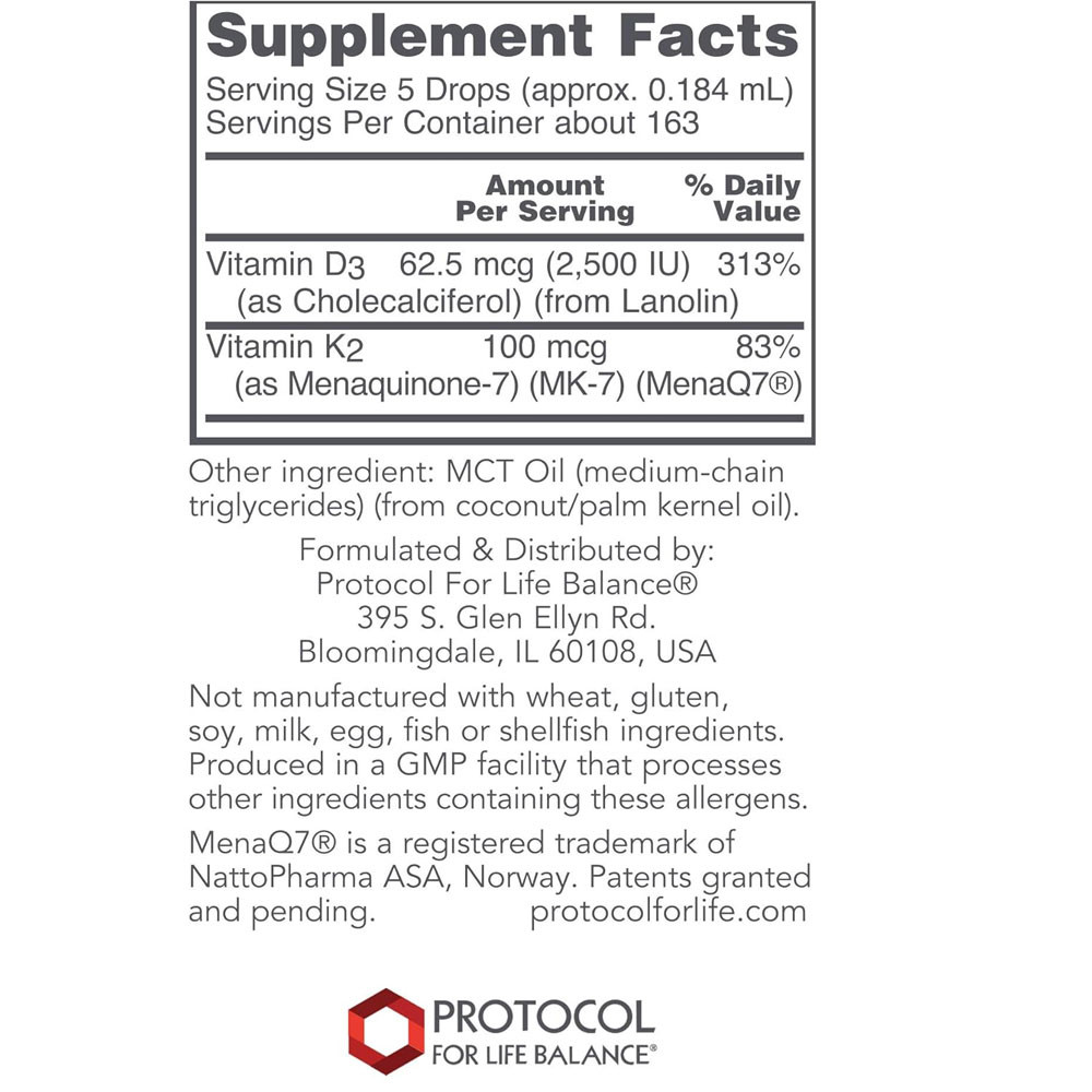 Liquid Vitamin D3 & MK-7 supplement facts panel, 5 drop serving
