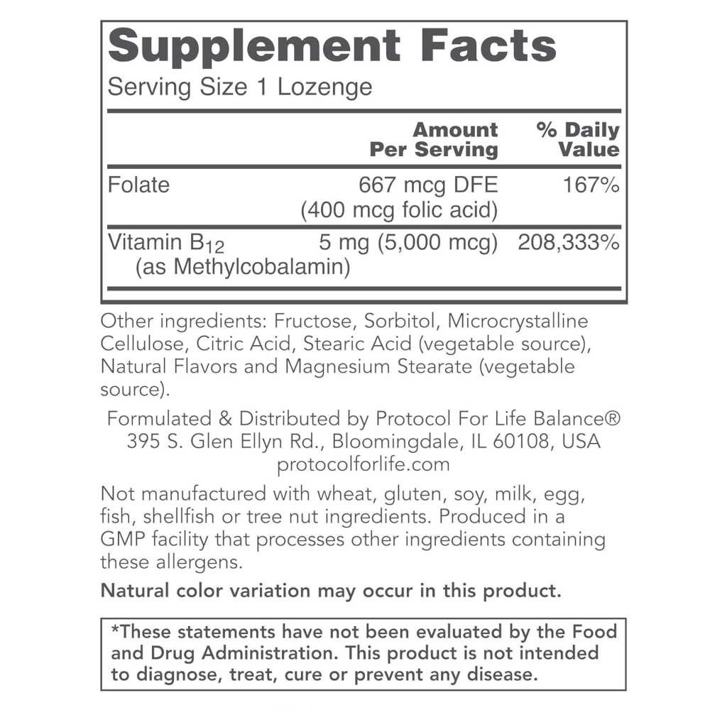 Methyl B12 supplement facts, 5,000 mcg methylcobalamin and 400 mcg folic acid per lozenge