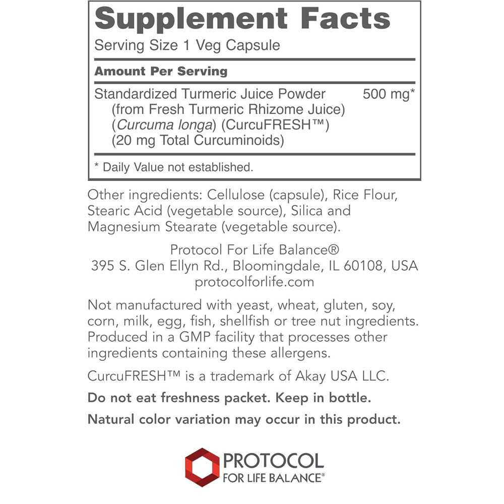 CurcuFRESH supplement facts, 500 mg standardized turmeric juice per veg capsule