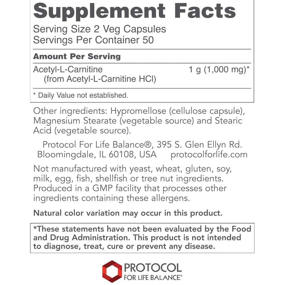 Acetyl-L-Carnitine supplement facts, 1,000 mg per 2 veg capsules, 50 servings