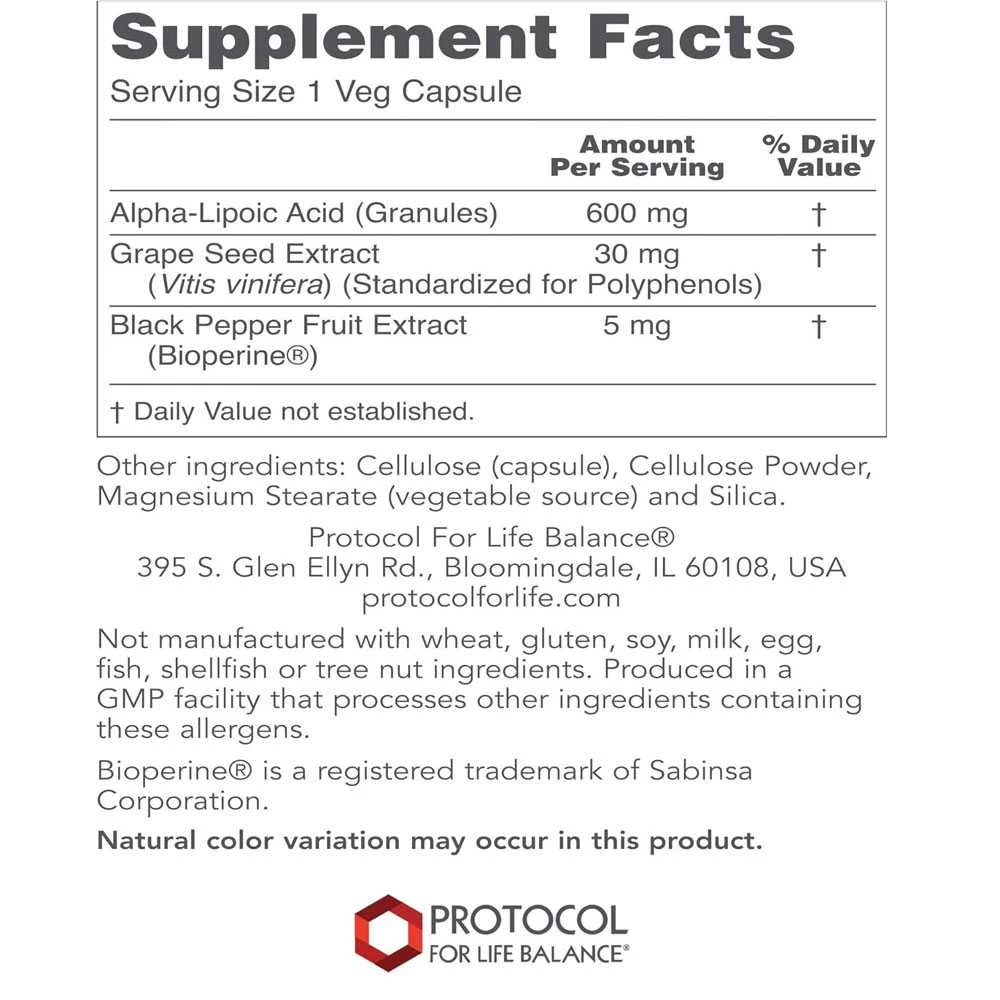 Protocol Alpha-Lipoic Acid supplement facts panel