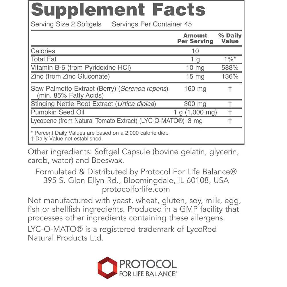Ortho Prostate supplement facts, 2 softgel serving with saw palmetto, stinging nettle and lycopene