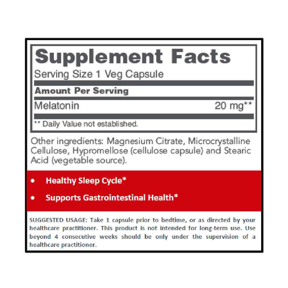 Melatonin supplement facts, 20 mg per veg capsule, with other ingredients and suggested use