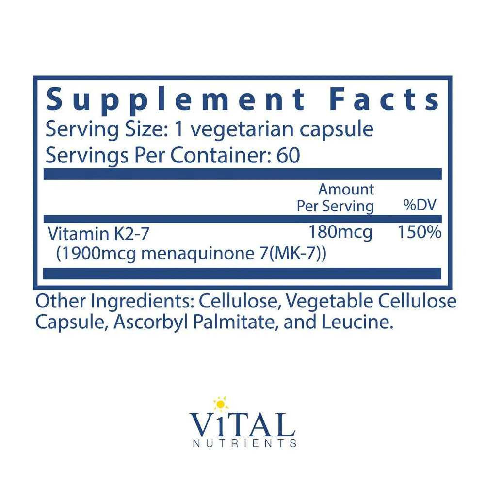 Vitamin K2-7 supplement facts, 180 mcg menaquinone-7 per vegetarian capsule