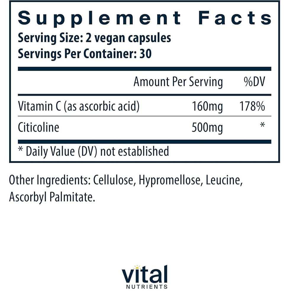 Citicoline supplement facts, 500 mg citicoline and vitamin C per 2 capsules