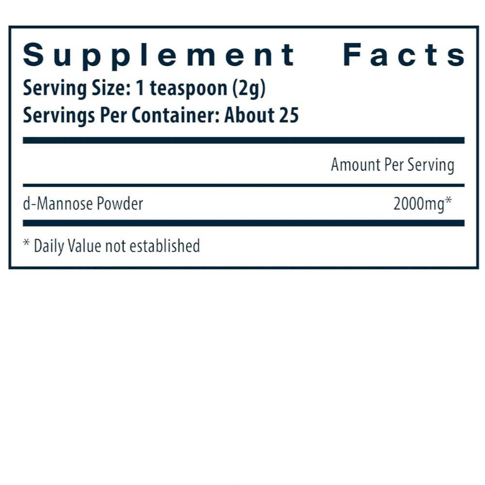 Mannose Powder supplement facts, 2,000 mg d-mannose per teaspoon, about 25 servings