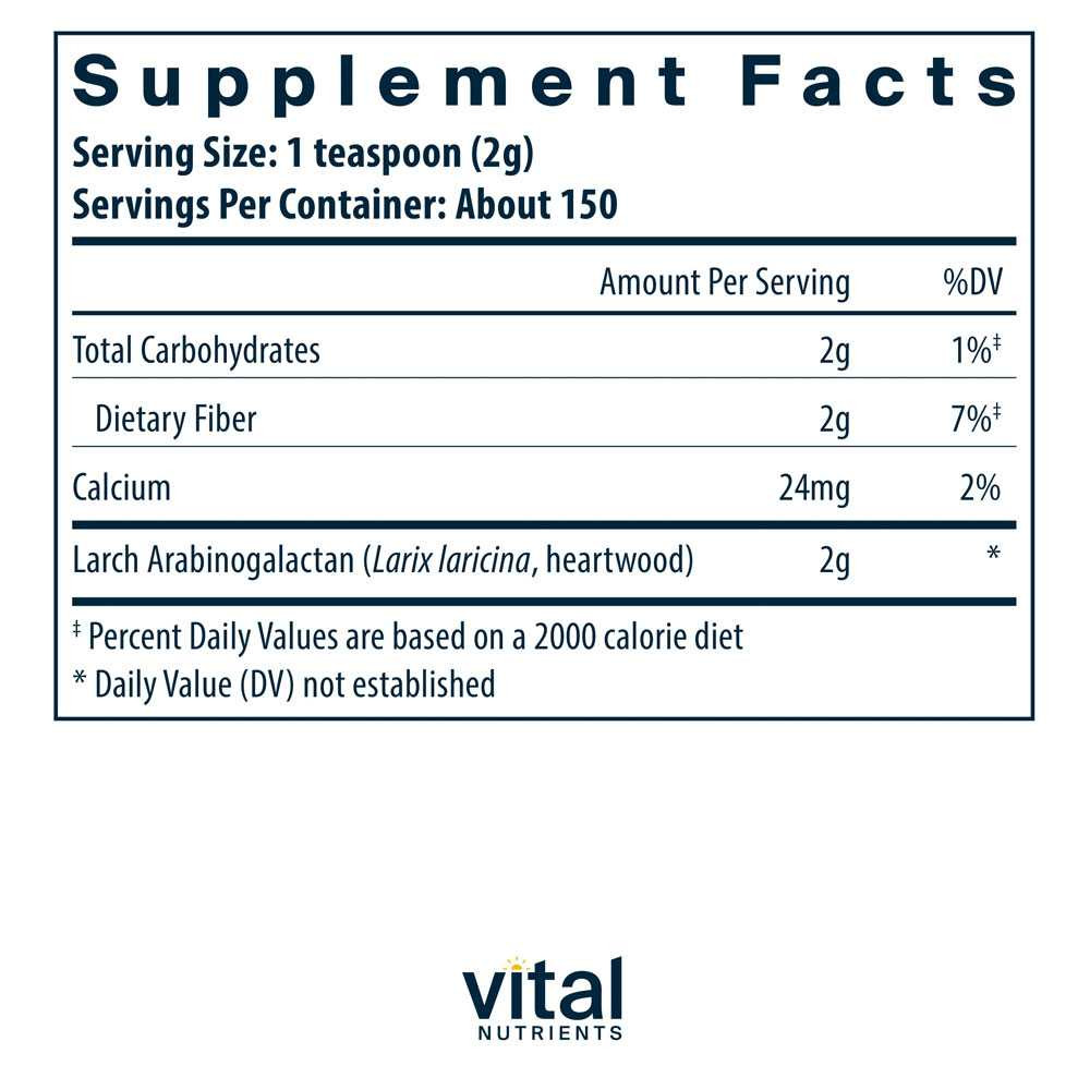 Arabinogalactan supplement facts panel, 1 teaspoon (2 g) serving, about 150 servings